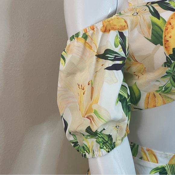 Yellow green cold shoulder smocked top high waisted wide leg pants set - Picture 5 of 12